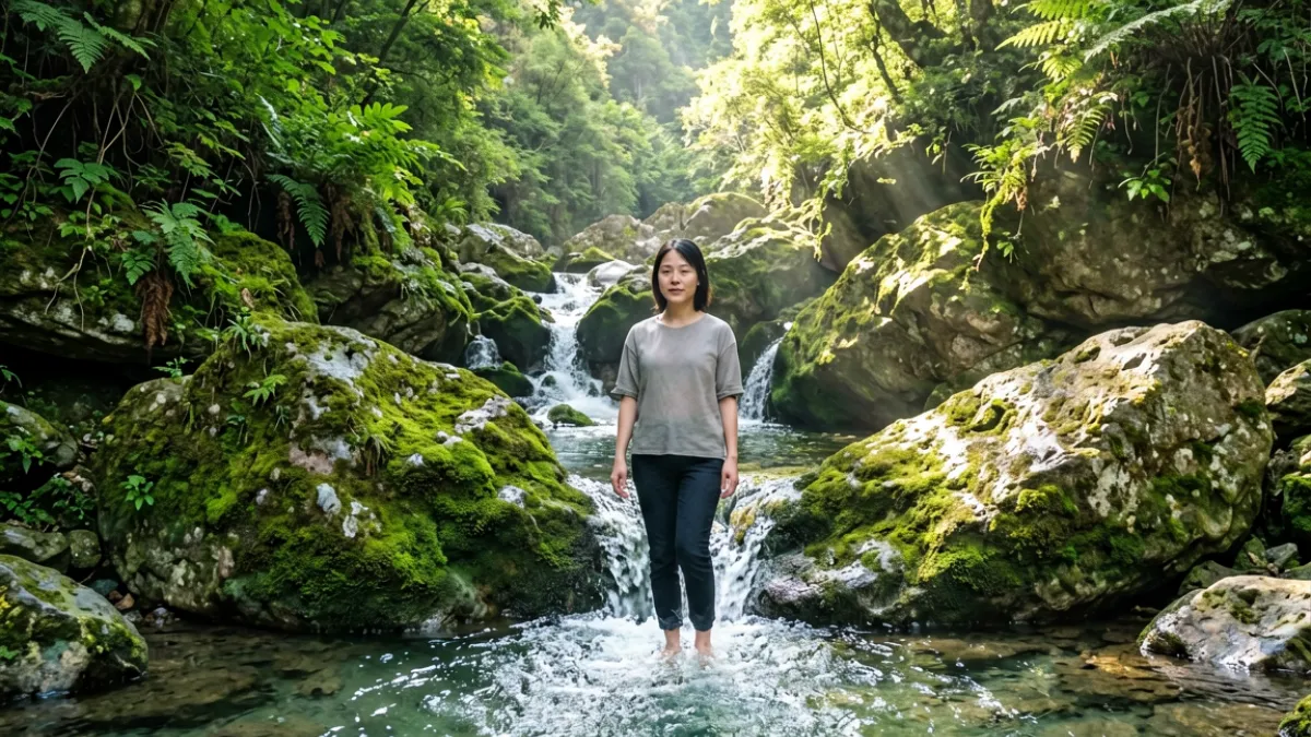 户外山泉旁美女洗澡，水流从岩石倾泻而下，周围绿植茂盛光线自然清透