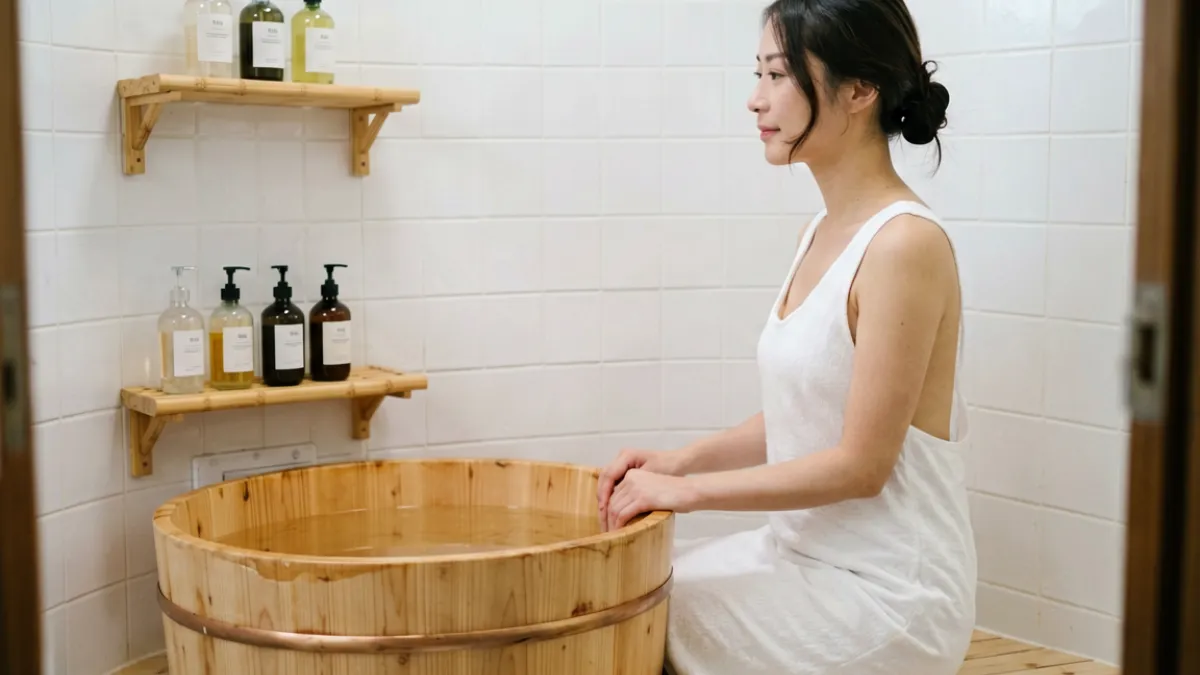 日式浴室美女洗澡，白色瓷砖配木质置物架，女主角侧身低头姿态优雅