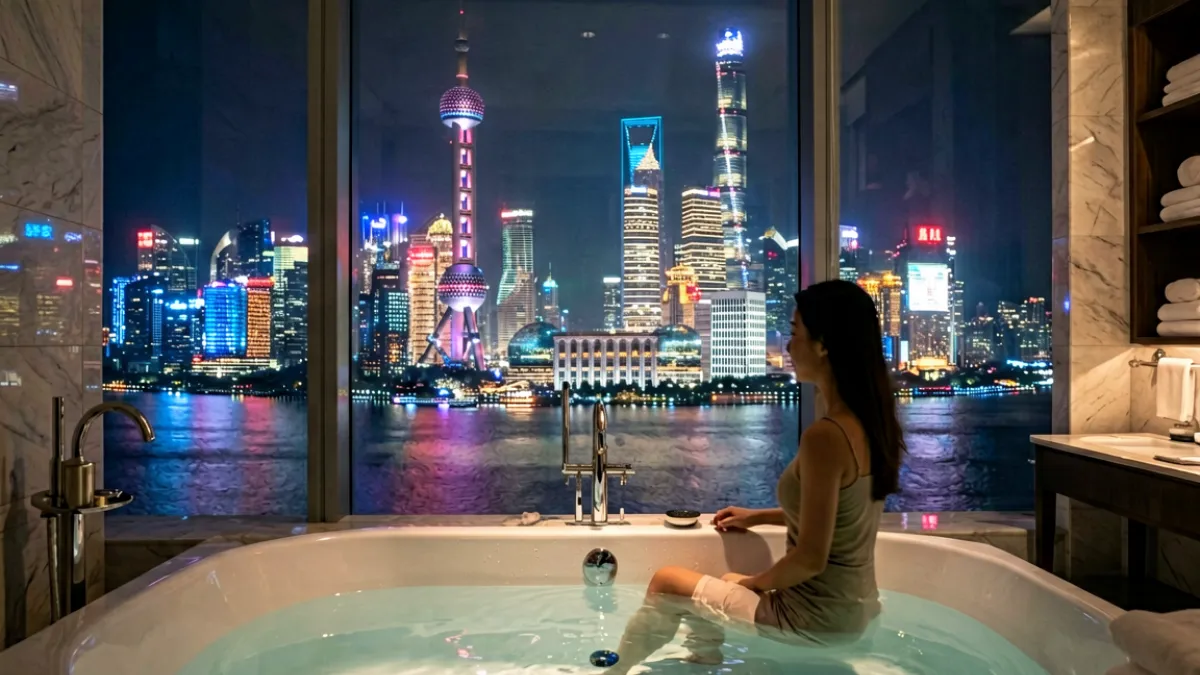 都市高楼落地窗旁浴室中美女洗澡，城市夜景灯光透过玻璃映在水面形成光斑