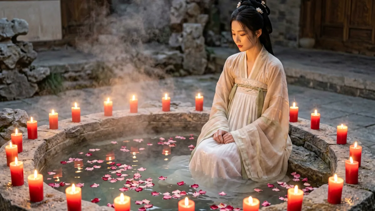 古风汤池场景中美女洗澡，石砌浴池边摆放红烛和花瓣，烟雾效果营造古代氛围